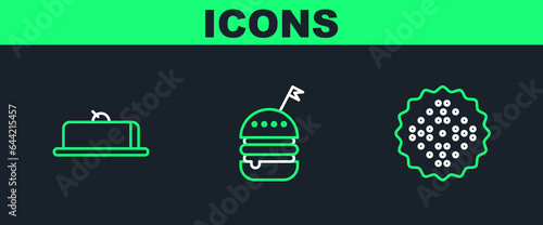 Set line Cracker biscuit, Strawberry cheesecake slice and Burger icon. Vector