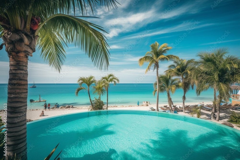 A scenic beach with palm trees and a seaside resort, featuring a turquoise seawater pool for online booking and tour purchases. Generative AI