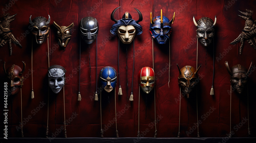 African Tribal Masks, textured and vibrant, 3D rendering, set in a dim ...