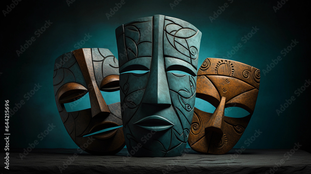 African Tribal Masks, textured and vibrant, 3D rendering, set in a dim ...