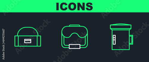 Set line Big flashlight for diver, Case box container wobbler and Diving mask icon. Vector