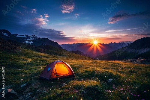 Camping in the mountains at sunset. Generative AI