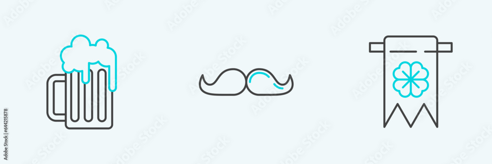 Set line Four leaf clover and party pennant, Wooden beer mug and Mustache icon. Vector Set line Four leaf clover and party pennant, Wooden beer mug and Mustache icon. Vector