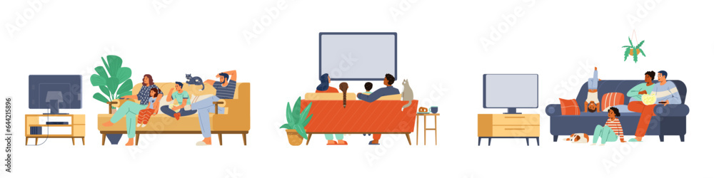 Different families with kids and pets watching TV together on the sofa vector illustrations set. Different families with kids and pets watching TV together on the sofa vector illustrations set.