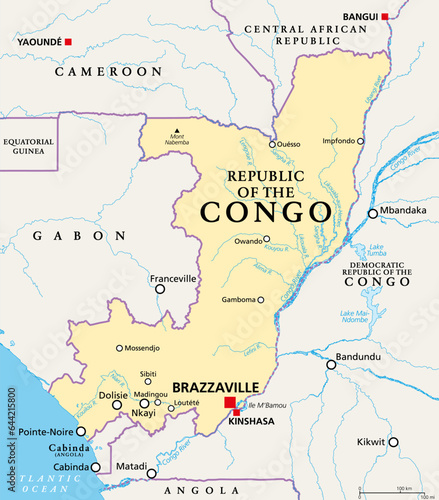 Republic of the Congo, political map. Also known as the Congo, is a country located on the western coast of Central Africa, to the west of the Congo River, with the capital Brazzaville. Vector.