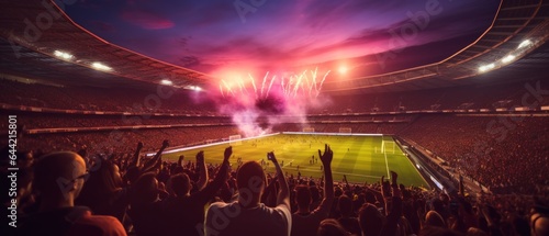 Football fans cheering and supporting their favorite team at the stands of the stadium. World Cup Concept. Football Concept With a Copy Space. Soccer Concept With a Space For a Text. © John Martin