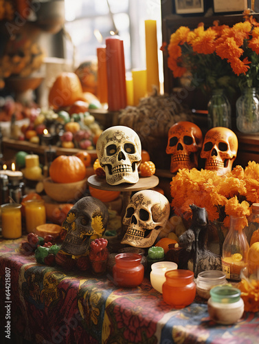Day of the Dead, Mexico, vibrant sugar skulls and marigold flowers, painted textures, chiaroscuro lighting, shallow focus, festive mood