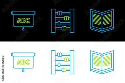 Set line Open book, Chalkboard and Abacus icon. Vector