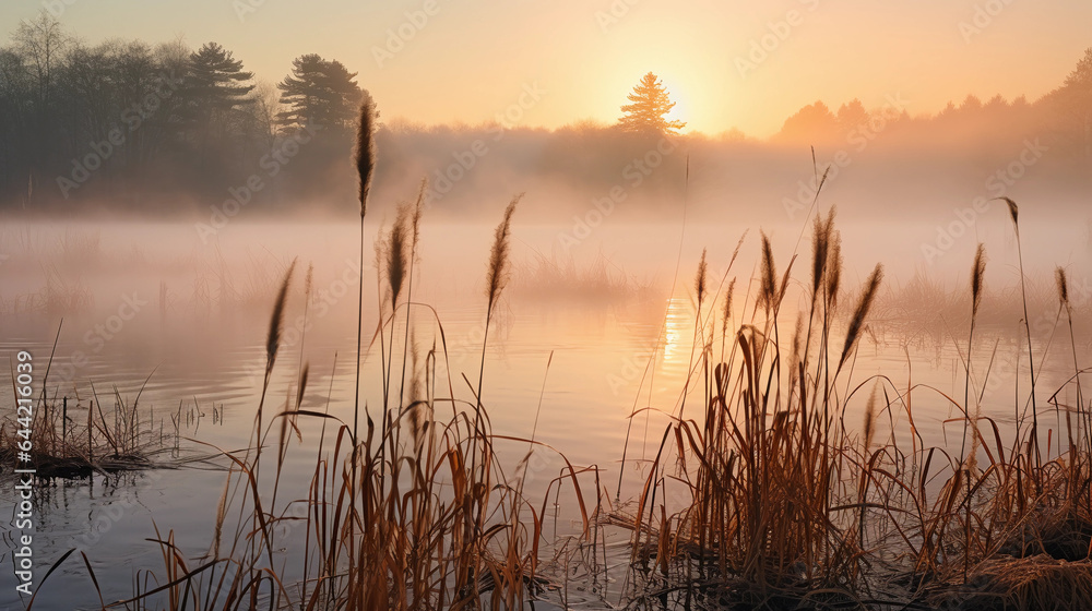 Misty morning on a swampy lake, cattails in the foreground, layers of fog, mystical atmosphere - obrazy, fototapety, plakaty 