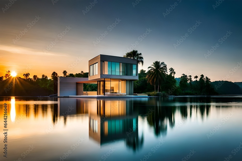 reflection in the water, An island at the middle of the ocean with an extremely luxurious glass and pastel walled villa surrounding a huge jungle at night.