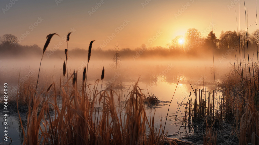 Misty morning on a swampy lake, cattails in the foreground, layers of fog, mystical atmosphere Misty morning on a swampy lake, cattails in the foreground, layers of fog, mystical atmosphere