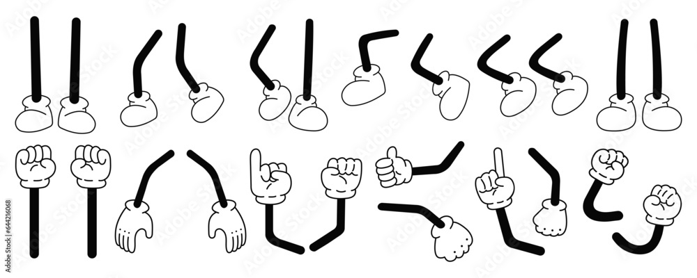 Set of 70s groovy comic hands, legs vector. Collection of cartoon character leg, hand in different emotions happy, angry, sad, cheerful. Cute retro groovy hippie illustration for decorative, sticker
