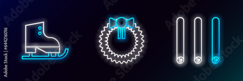 Set line Three rolled sticks of cinnamon, Figure skates and Christmas wreath icon. Glowing neon. Vector