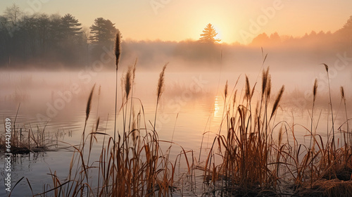 Misty morning on a swampy lake, cattails in the foreground, layers of fog, mystical atmosphere
