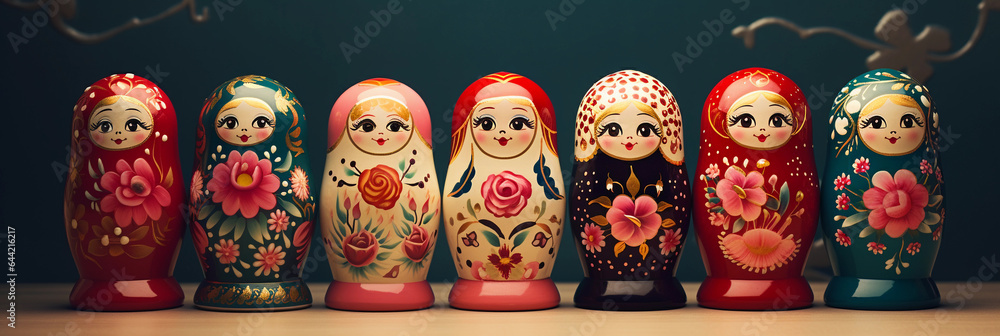 Russian Matryoshka dolls, pastel colors, whimsical art style, varying sizes in a line, soft lighting with mild shadows, minimalistic composition