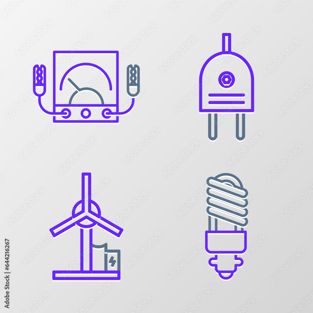 Set line LED light bulb, Wind turbine, Electric plug and Ampere meter, multimeter, voltmeter icon. Vector Set line LED light bulb, Wind turbine, Electric plug and Ampere meter, multimeter, voltmeter icon. Vector
