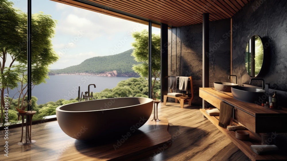 The interior design of wooden and pebbles bathroom style in dark tone color with the tropical mountain view. Generative AI image AIG30.