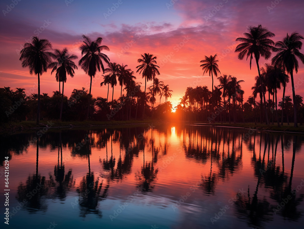 Sunset over a tropical lake, vibrant pink and orange sky reflected in the water, palm trees silhouetted against the sky