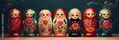 Russian Matryoshka dolls, pastel colors, whimsical art style, varying sizes in a line, soft lighting with mild shadows, minimalistic composition