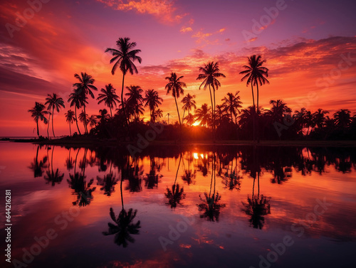 Sunset over a tropical lake, vibrant pink and orange sky reflected in the water, palm trees silhouetted against the sky