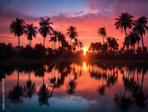 Sunset over a tropical lake, vibrant pink and orange sky reflected in the water, palm trees silhouetted against the sky © Marco Attano