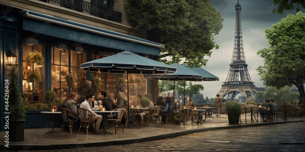 French café culture, outdoor Parisian café, people sipping coffee and reading newspapers, Eiffel Tower faint in background, Sony A9, FE 24 - 70mm, f/ 2. 8, overcast sky, diffused light