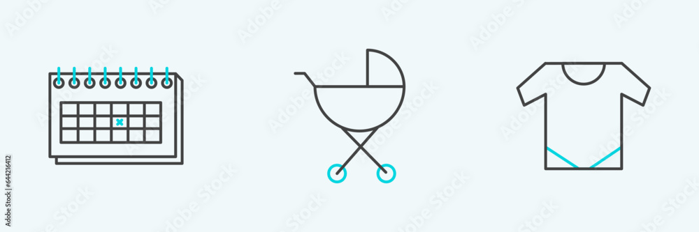 Set line Baby onesie, Calendar and stroller icon. Vector Set line Baby onesie, Calendar and stroller icon. Vector