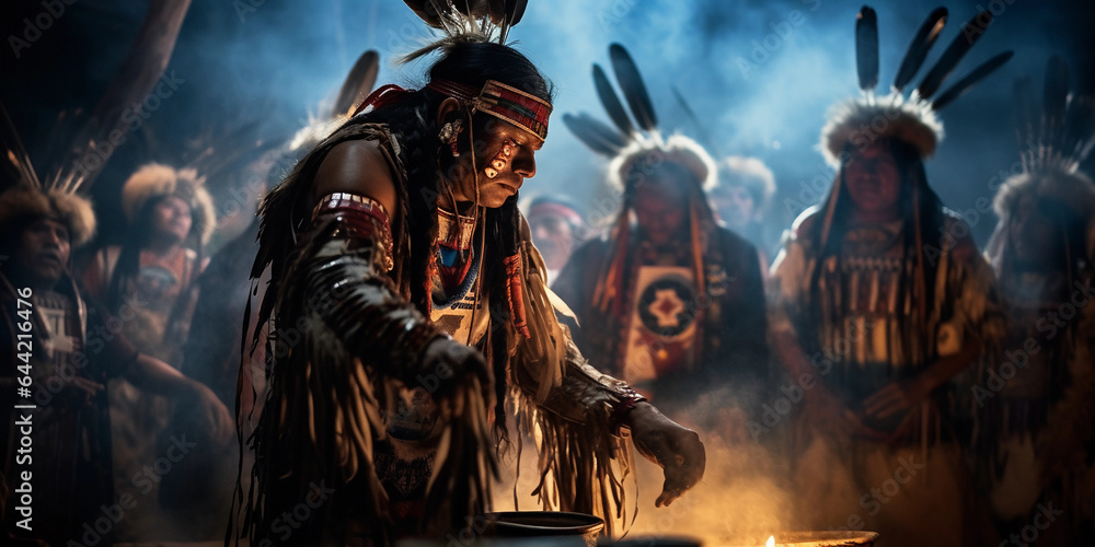 Native American powwow, dancers in elaborate regalia, drum circle in background, sage smudge smoke