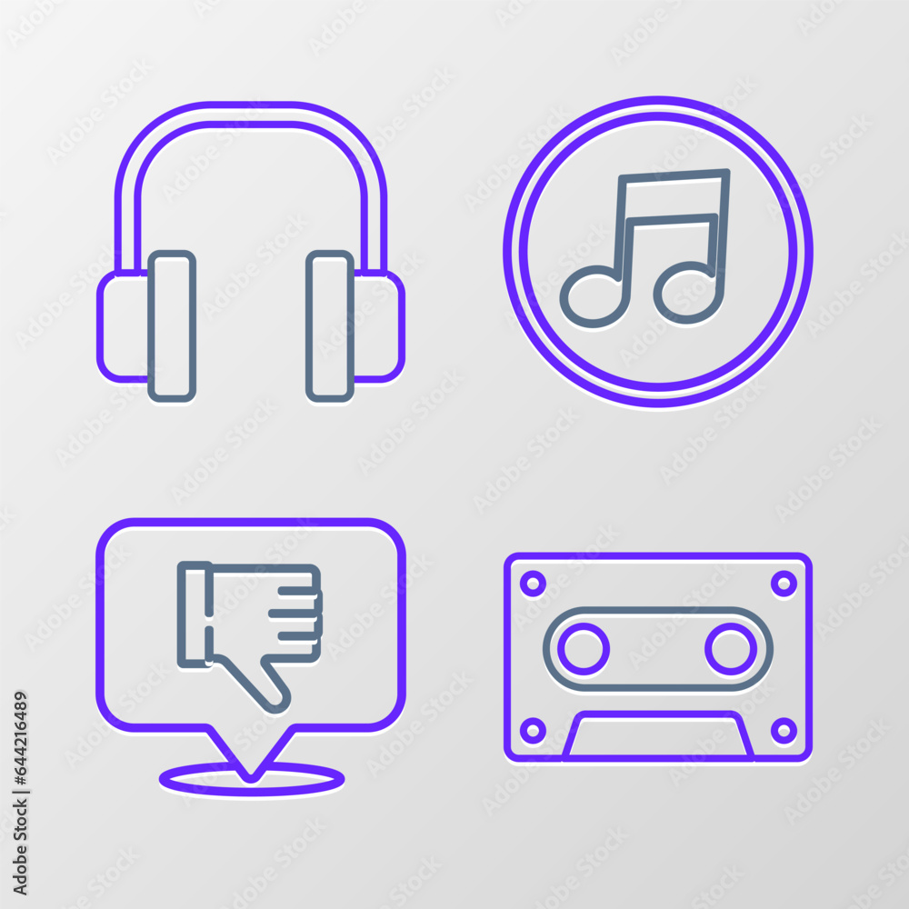 Set line Retro audio cassette tape, Dislike in speech bubble, Music note, tone and Headphones icon. Vector Set line Retro audio cassette tape, Dislike in speech bubble, Music note, tone and Headphones icon. Vector