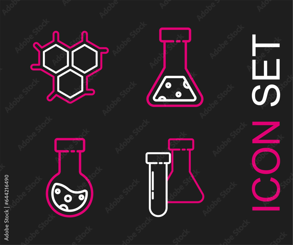 Set line Test tube and flask chemical, and Chemical formula icon. Vector Set line Test tube and flask chemical, and Chemical formula icon. Vector