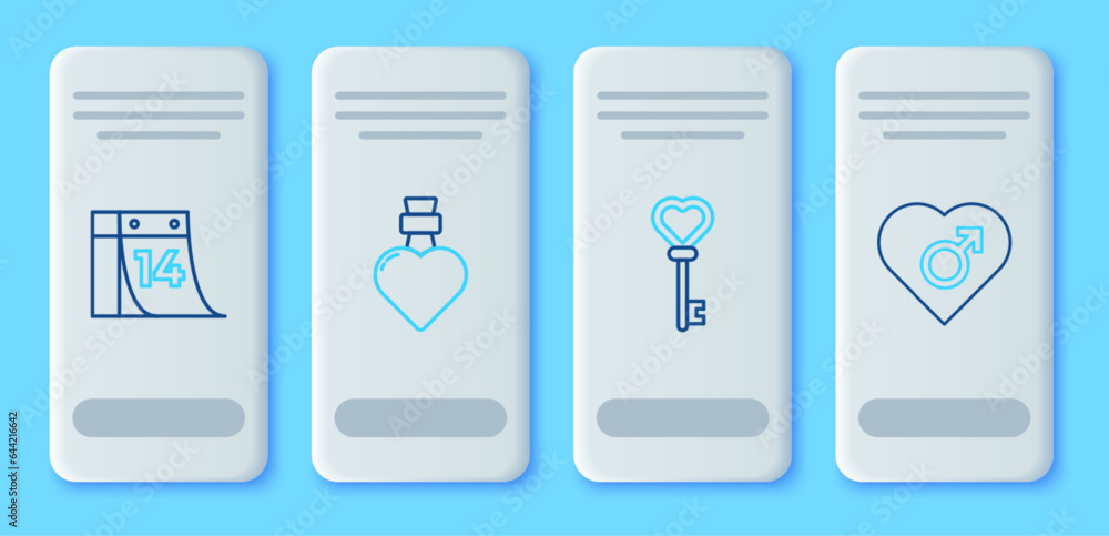 Set line Bottle with love potion, Key in heart shape, Calendar February 14 and Heart male gender icon. Vector