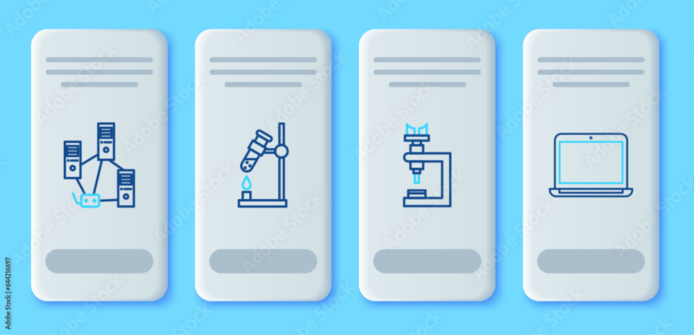 Set line Test tube flask on fire, Microscope, Computer network and Laptop icon. Vector