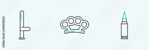 Set line Bullet, Police rubber baton and Brass knuckles icon. Vector