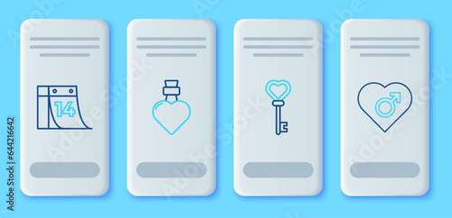 Set line Bottle with love potion, Key in heart shape, Calendar February 14 and Heart male gender icon. Vector