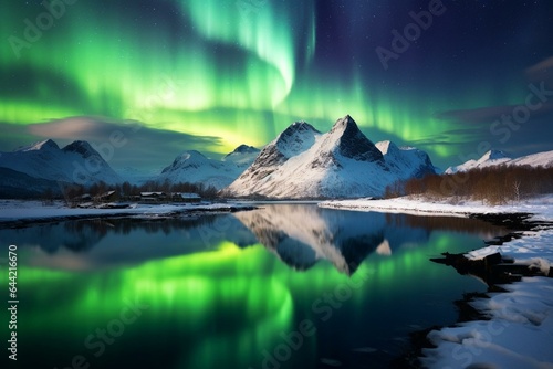 Stunning Aurora Borealis illuminating Norway's winter night sky with mesmerizing reflections on water. Generative AI