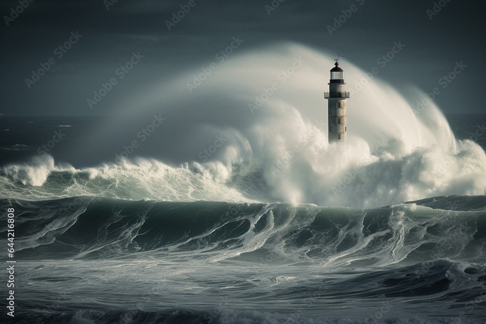 Violent ocean with towering waves and a lighthouse shining bright to guide the way. Generative AI