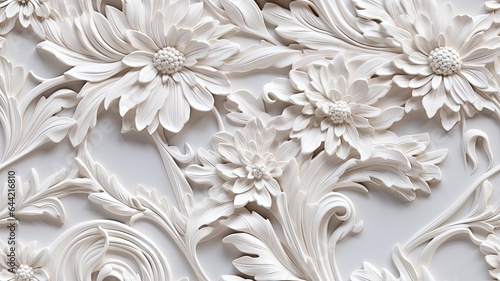 a stucco floral pattern on a wall within an elegantly decorated room. The image highlights the pattern's role in enhancing interior aesthetics. SEAMLESS PATTERN. SEAMLESS WALLPAPER.
