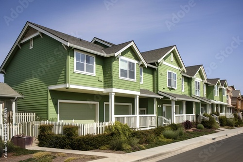 Duplex homes with green wood vinyl sidings in Carlsbad  San Diego  California. Generative AI