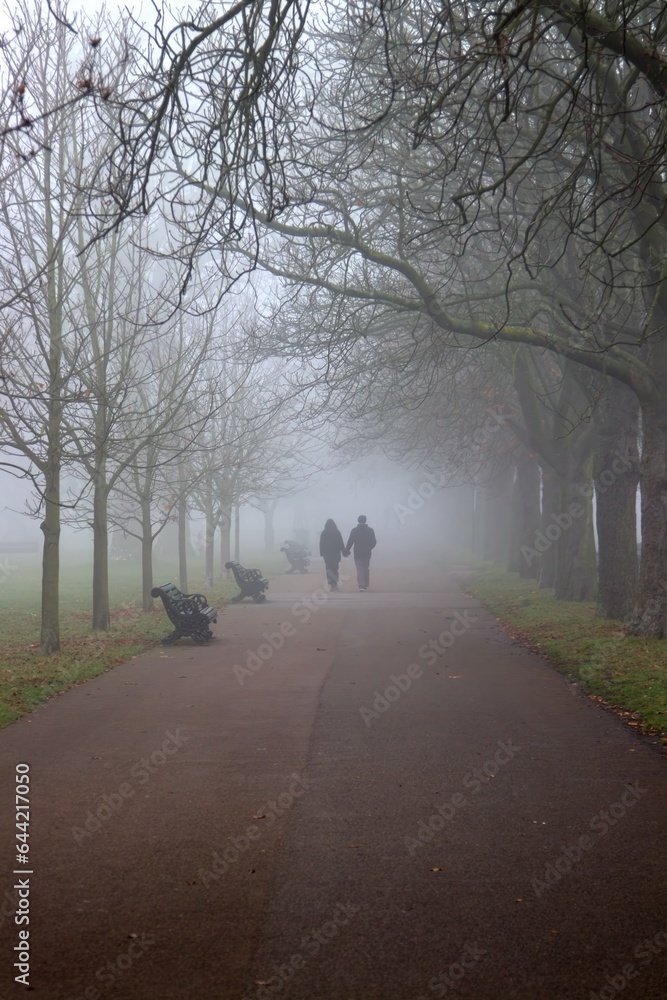 Couple walking in the fog