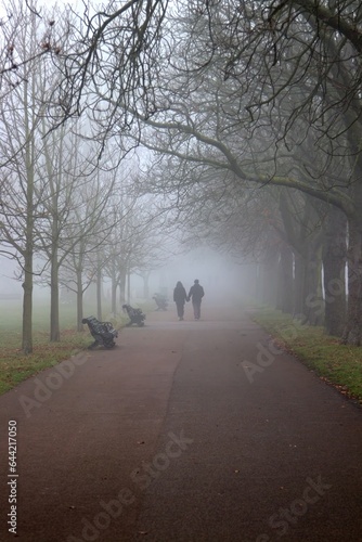 Couple walking in the fog