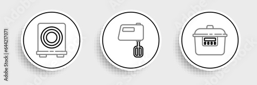 Set line Slow cooker, Electric stove and mixer icon. Vector
