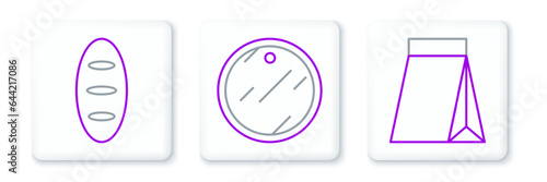 Set line Bag of coffee beans, Bread loaf and Cutting board icon. Vector