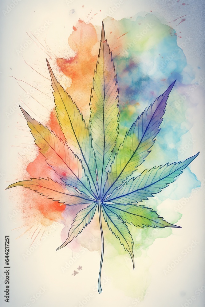 Watercolor Abstract weed leaf, Colorful cannabis Illustration, marijuana leaf Drawing, colorful weed. Generative AI