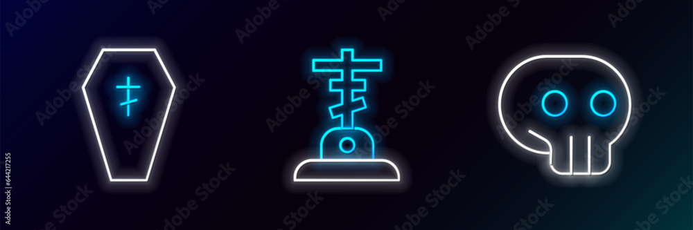 Set line Skull, Coffin with cross and Grave icon. Glowing neon. Vector Set line Skull, Coffin with cross and Grave icon. Glowing neon. Vector