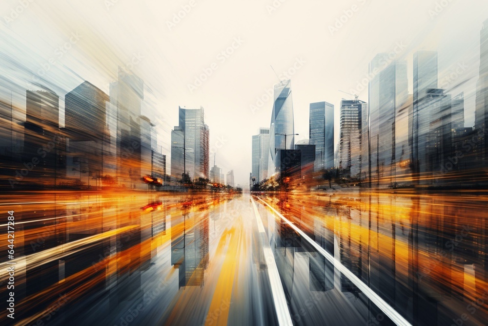 Blurred urban landscape with long road and buildings. Generative AI