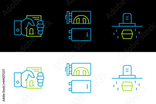 Set line Grave with coffin, Death certificate hand and Crematorium icon. Vector