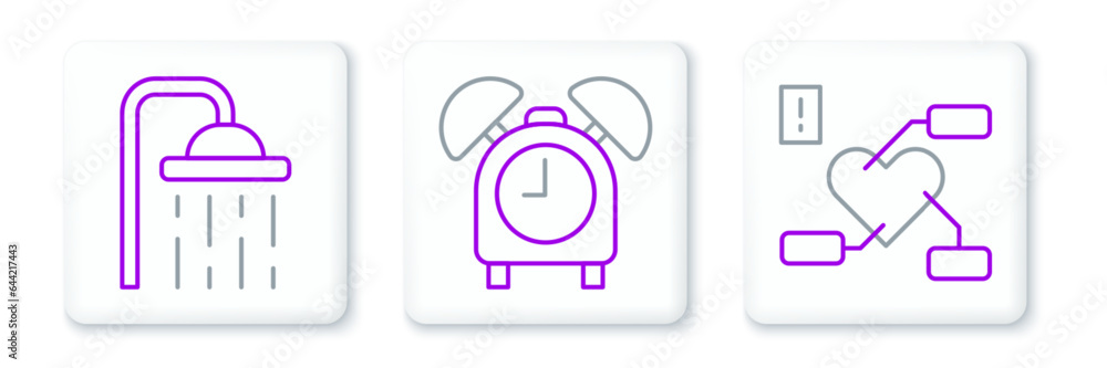 Set line Attention to health heart, Shower head and Alarm clock icon. Vector Set line Attention to health heart, Shower head and Alarm clock icon. Vector