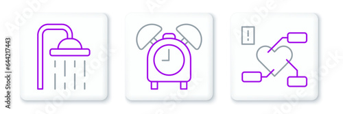 Set line Attention to health heart, Shower head and Alarm clock icon. Vector