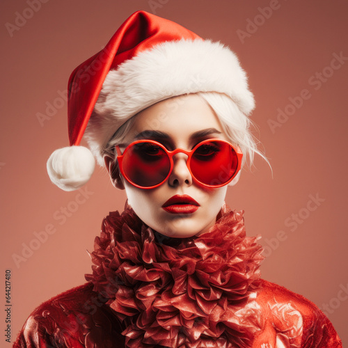 Portrait of a beautiful girl with a Santa Claus hat and red New Year s glasses  in a Christmas atmosphere. Bright red background.