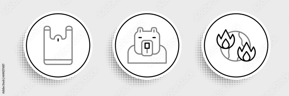 Set line Global warming fire, Plastic bag and Polar bear head icon. Vector Set line Global warming fire, Plastic bag and Polar bear head icon. Vector